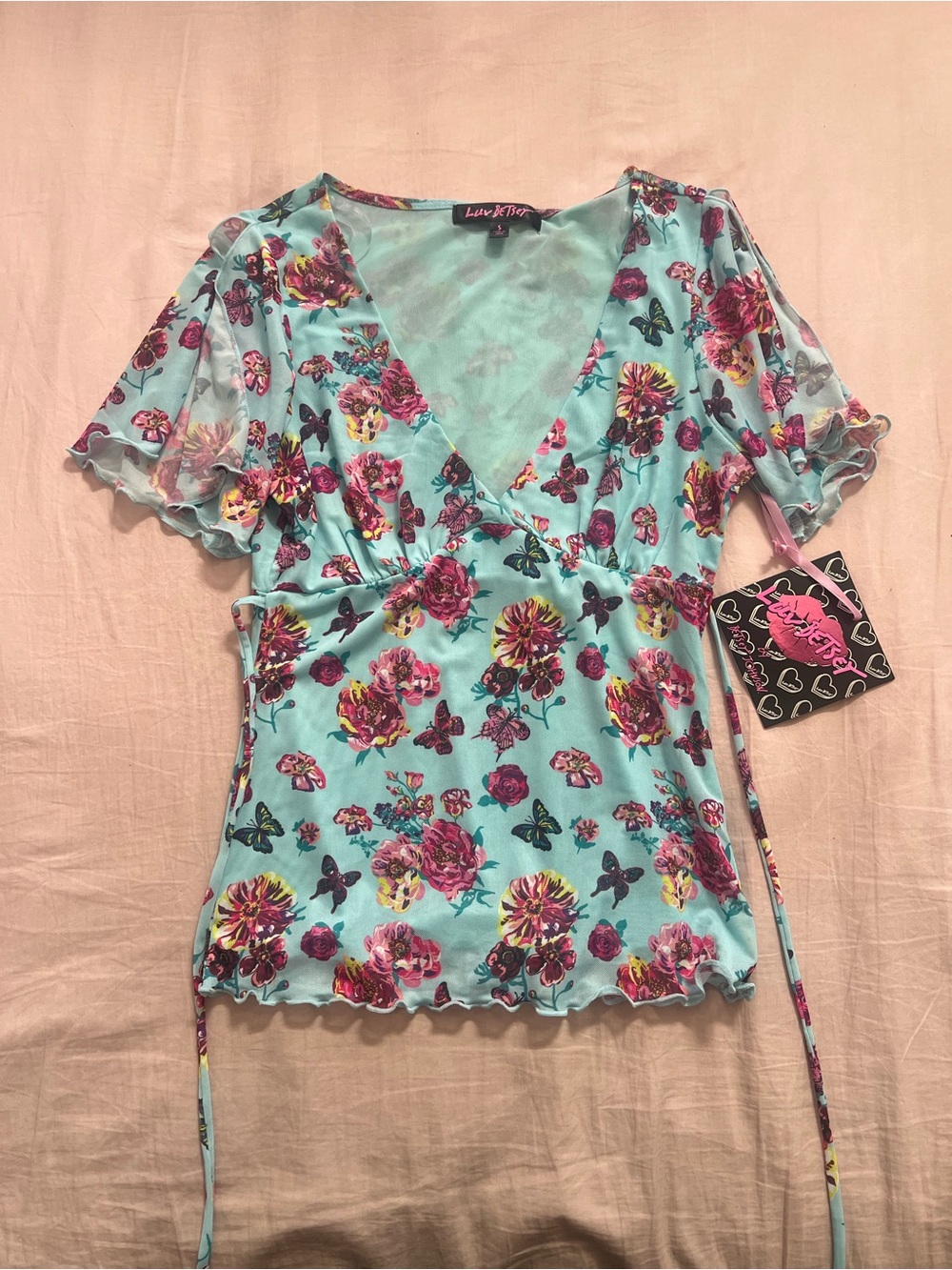 Betsy Johnson Luv Betsy Aquamarine Floral Wrap Blouse with Tie Waist
